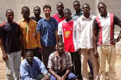 The MosquitoSphere team consists of authors on the paper and local volunteers from Soumousso, Burkina Faso. Back row (from left to right): Etienne Bilgo, Oliver Zida, Bema Ouattara; Middle row: Boureima Saré, Judicael Zida, Brian Lovett, Moussa Ouattara, MichaÏlou Sanfo and Bamory Ouattara; Front row: Yaya Ouattara and Jacques Gnambani.