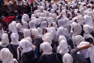 Secondary school girls demonstrate in Shajarat El Hamdab in River Nile state against the El Obeid massacre.