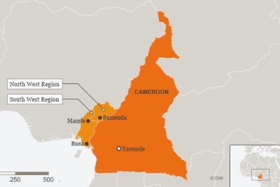 Map of Cameroon showing north-west and south-west regions.