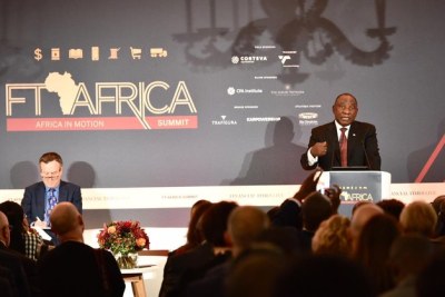 President Cyril Ramaphosa speaking at the FT Africa Summit in London, October 2019.