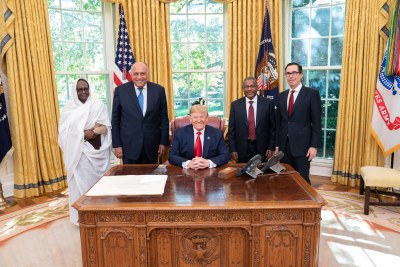 President Donald Trump, joined by Secretary of the Treasury Steven Mnuchin, meets with the Minister of Foreign Affairs of the Republic of Sudan Asma Mohamed Abdalla, left, the Minister of Foreign Affairs of the Republic of Egypt Sameh Shoukry, and the Minister of Foreign Affairs of the Federal Democratic Republic of Ethiopia Gedu Andargachew, in the Oval Office of the White House Wednesday, November 6, 2019.