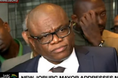 Geoff Makhubo speaks to the media after his election as Johannesburg mayor.