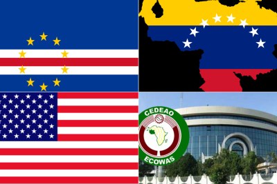Cape Verde flag top left, Venezuela flag top right, US flag bottom left, ECOWAS headquarters