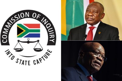 Left: Zondo Commission of Inquiry into State Capture logo. Top-right: President Cyril Ramaphosa. Bottom-right: Former president Jacob Zuma.