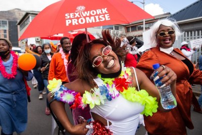 Lisa Jonas, peer educator at SWEAT, joins about 70 sex workers and supporters during a march in Cape Town to celebrate Sex Workers Pride (file photo).