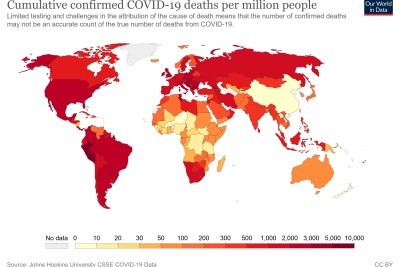 A map showing cumulative confirmed Covid-19 deaths per million people, October18, 2021