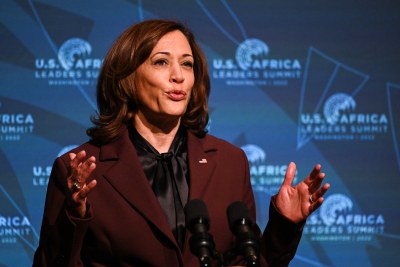 Vice President Kamala Harris speaking to the African and Diaspora Young Leaders Forum during the U.S.-Africa Leaders Summit at the National Museum of African American History and Culture.