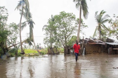A man walks through his village in Nicoadala district, Mozambique, which was flooded as a result of cyclone Freddy (file photo).