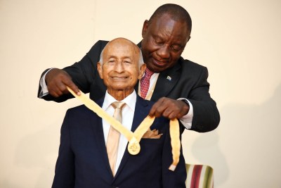 President Cyril Ramaphosa bestows the Order of Ikhamanga in Gold to Johaar Mosaval at the Sefako Makgatho Presidential Guesthouse in Pretoria, April 25, 2019.