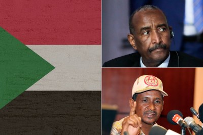 Drapeau soudanais, le général Abdel Fattah Al-Burhan, en haut, le président du Conseil souverain de transition de la République du Soudan, Mohamed Hamdan Dagalo (Hemedti), commandant des Forces de soutien rapide