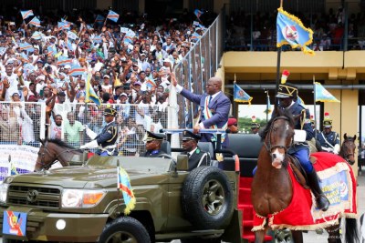 DR Congo President Felix Tshisekedi arriving in Kinshasa's Martyrs Stadium for his inauguration for a second term on January 20, 2024.