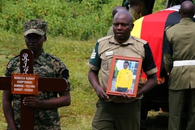 Rebecca Cheptegei's burial followed a special council session at the Bukwo District headquarters where hundreds of mourners, including athletes, family members, residents, government officials, and dignitaries, gathered to pay their respects.