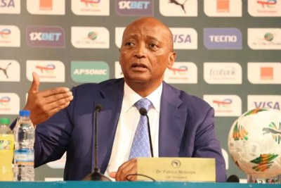 Patrice Motsepe, president of the Confederation of African Football (CAF), during a press conference in Abidjan on 9 February 2024.
