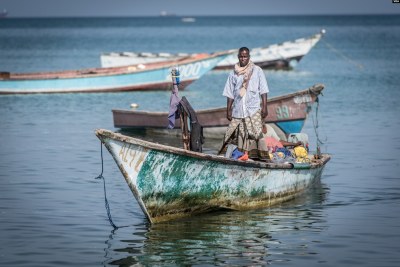 A fisherman comes in with his boat to Bossaso's fishing beach in northern Somalia in late March 2018.